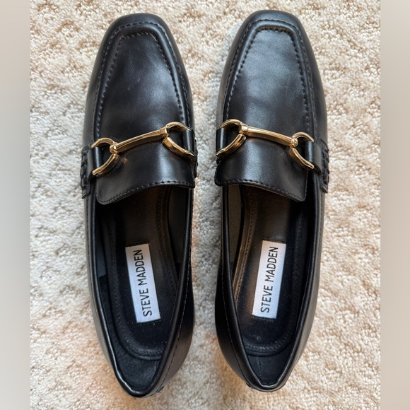 Steve Madden Hartlyn Heel Bit Slip on leather loafers black gold women’s 6.5 - Picture 2 of 9
